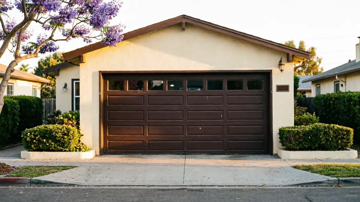 A brown garage door with windows is on a beige house with a purple tree.